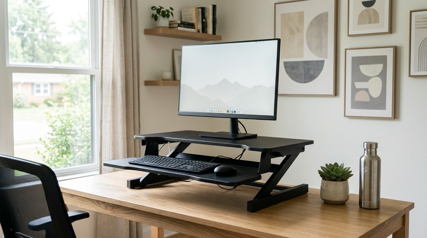 Brand-free standing desk converter with monitors and keyboard on a home-office desk