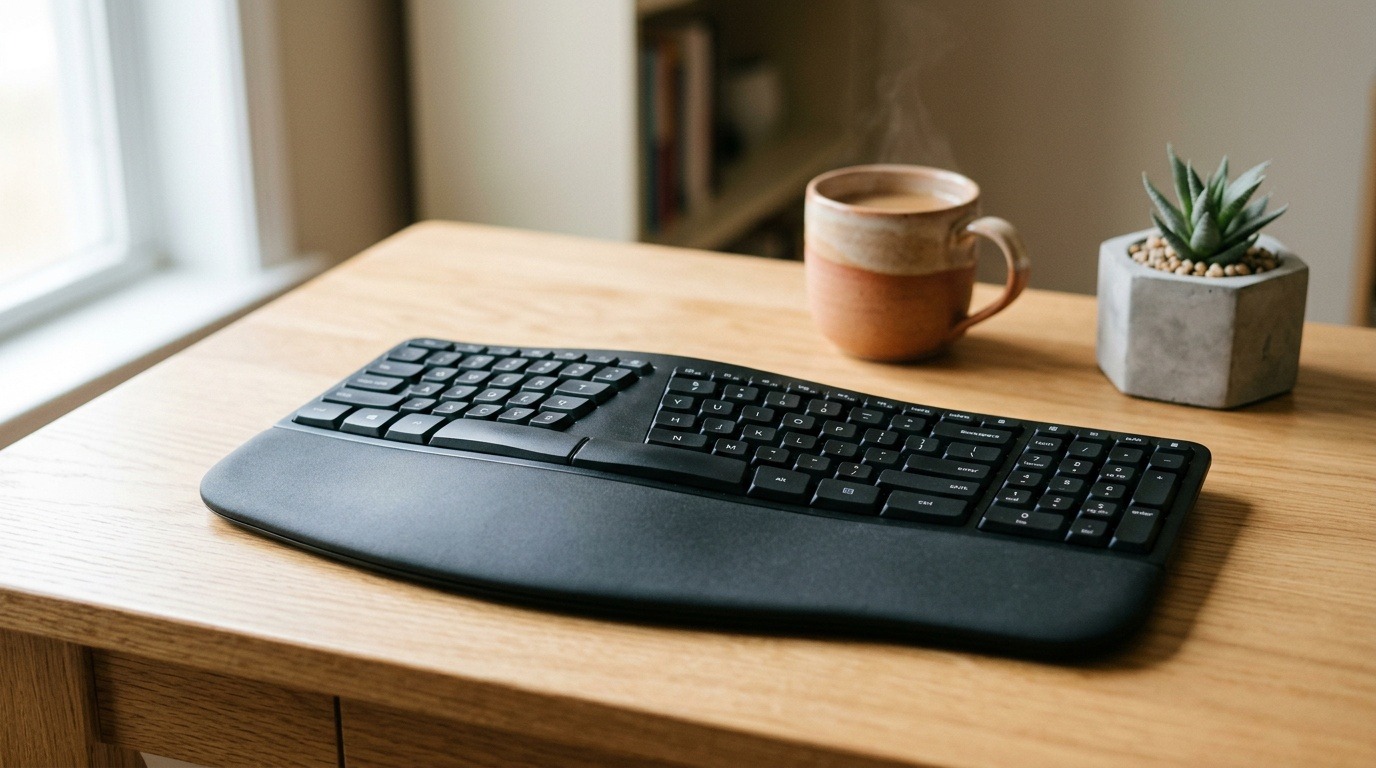A generic ergonomic split keyboard with a palm rest on a wooden desk