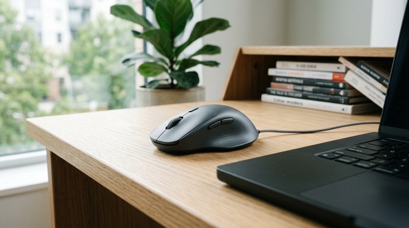 A brand-free computer mouse on a wooden desk beside a laptop