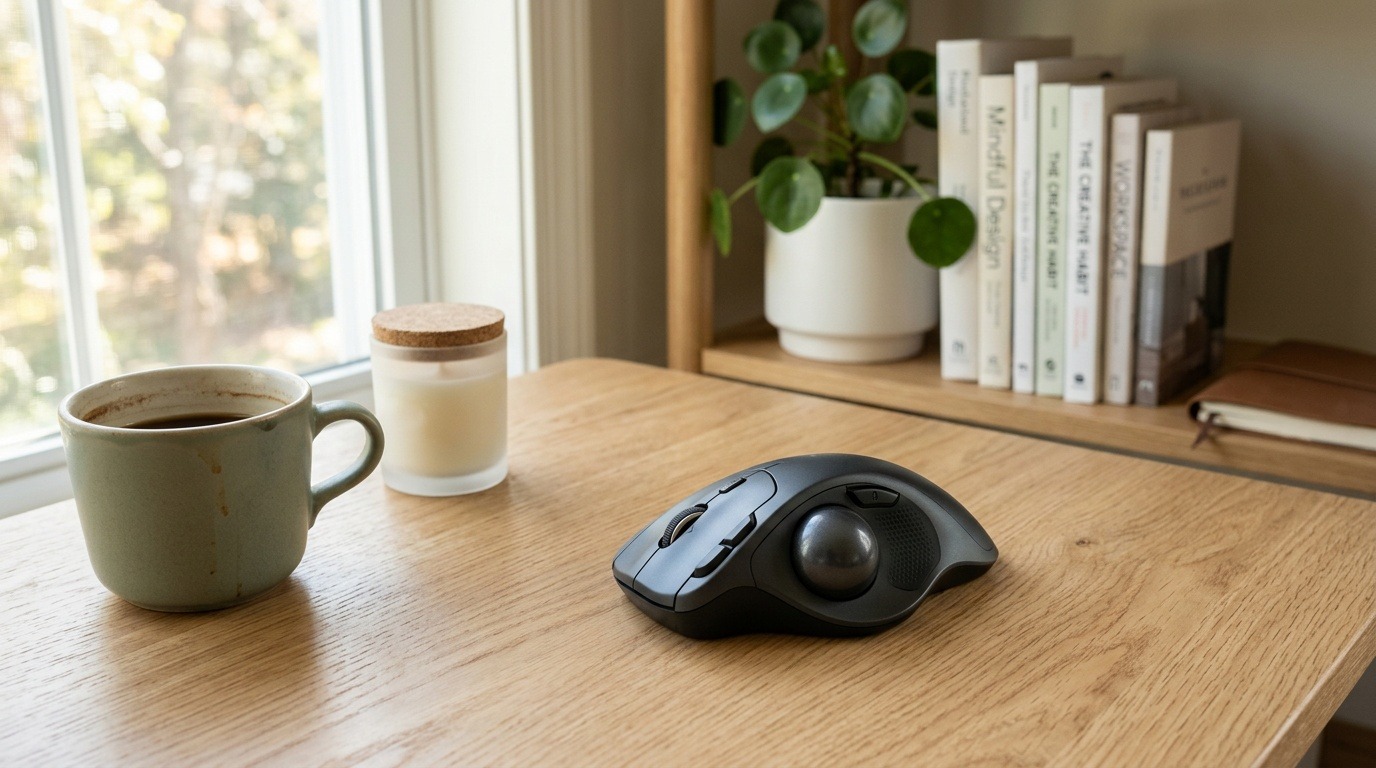 A brand-free trackball mouse on a wooden desk in natural light